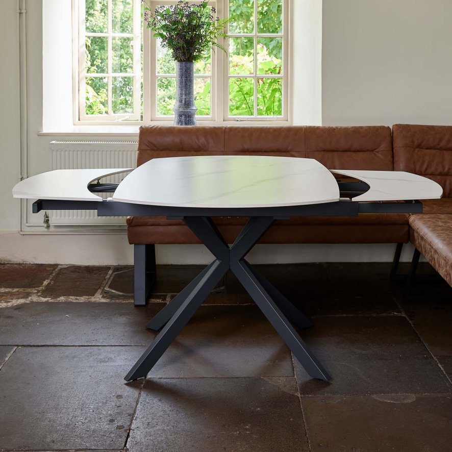 Woods Toscana White Motion Table With Industrial Corner Bench Tan