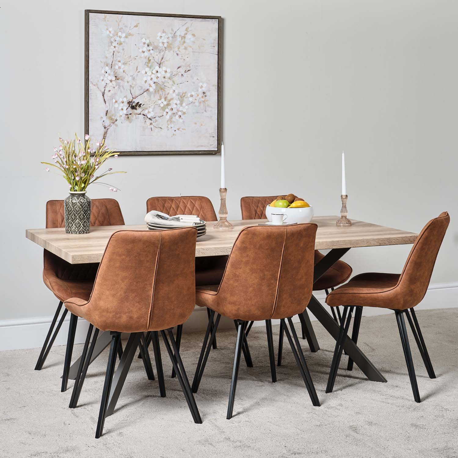 Woods Kamala 180cm Dining Table & 6 Finnick Dining Chairs - Tan - Woods ...