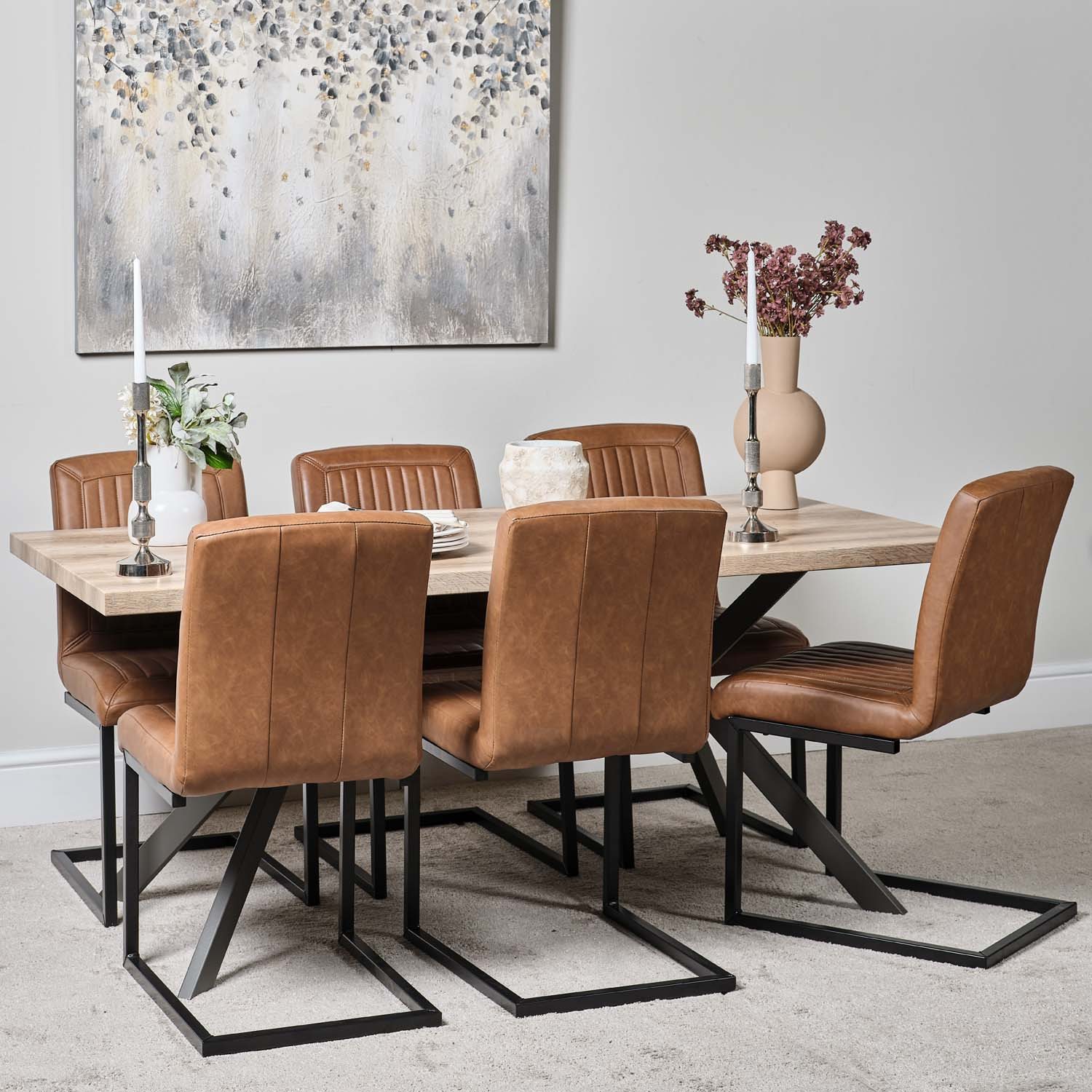 Woods Kamala 180cm Dining Table & 6 Vintage Dining Chairs - Tan - Woods ...