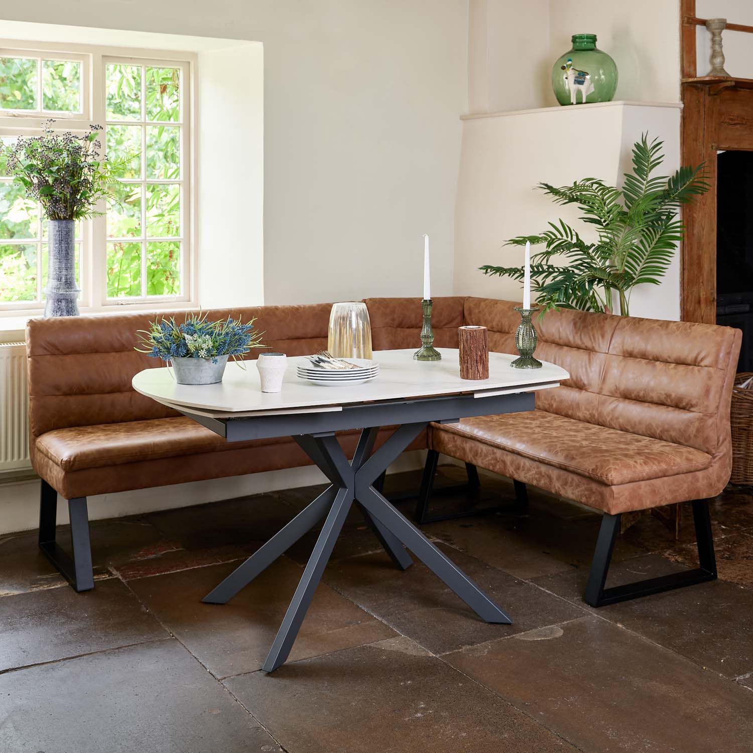 Woods Toscana White Motion Table with Industrial Corner Bench - Tan ...