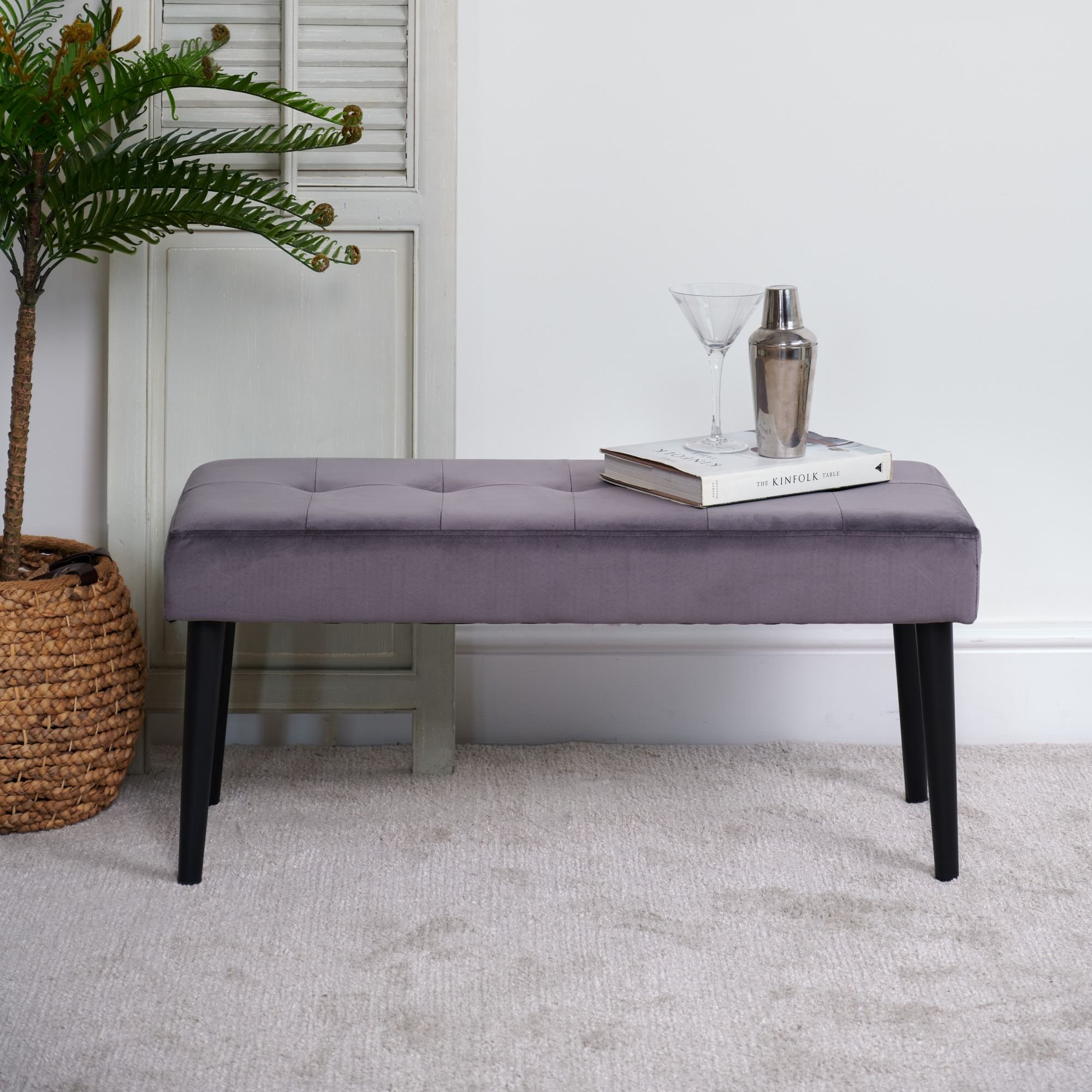 Grey velvet store bench seat