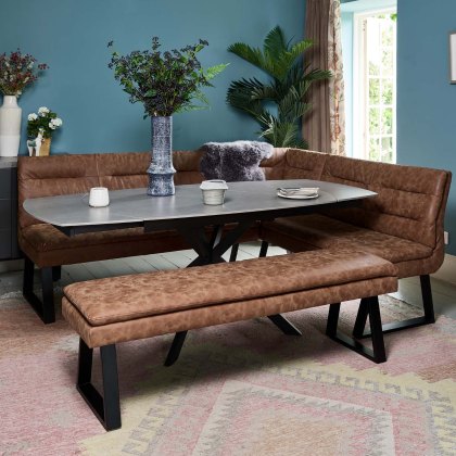 Toscana Grey Motion Table with Industrial Corner Bench and Industrial Low Bench - Tan Toscana Grey Motion Table with Industrial Corner Bench and Industrial Low Bench - Tan