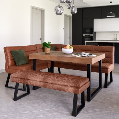 Adelaide 140-180cm Extending Dining Table with Industrial Corner Bench in Tan with Flat Bench 138cm Adelaide 140-180cm Extending Dining Table with Industrial Corner Bench in Tan with Flat Bench 138cm