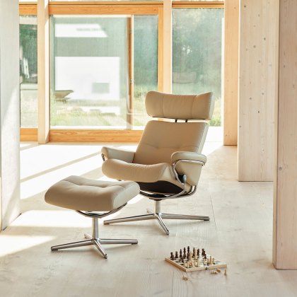 Stressless Berlin Recliner with Headrest and Footstool with Cross Base Stressless Berlin Recliner with Headrest and Footstool with Cross Base