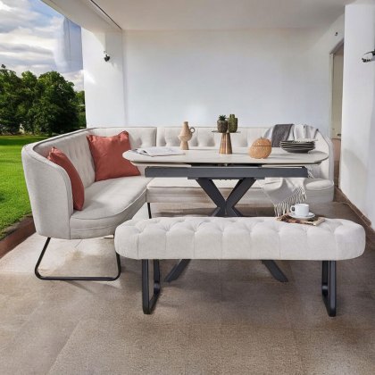 Toscana White Motion Dining Table with Frampton Corner & Low Bench in White - Right Hand Facing