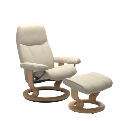 Consul Recliner & Footstool with Classic Base in Batick Cream with Oak Wood