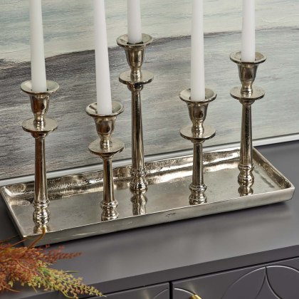 Candle Holder Tray with Five Candle Holders in Nickel