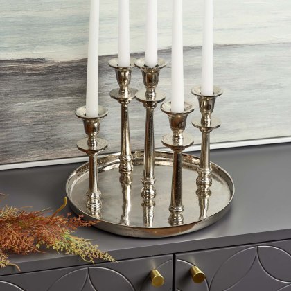 Round Candle Holder Tray with Five Candle Holders in Nickel