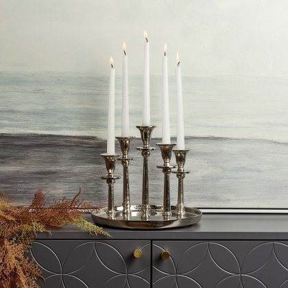 Round Candle Holder Tray with Five Candle Holders in Nickel Round Candle Holder Tray with Five Candle Holders in Nickel