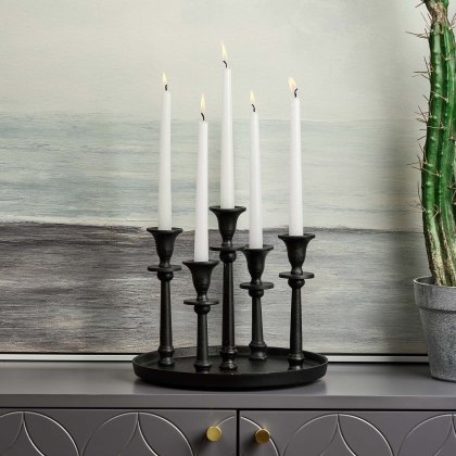 Round Candle Holder Tray with Five Candle Holders in Black Round Candle Holder Tray with Five Candle Holders in Black