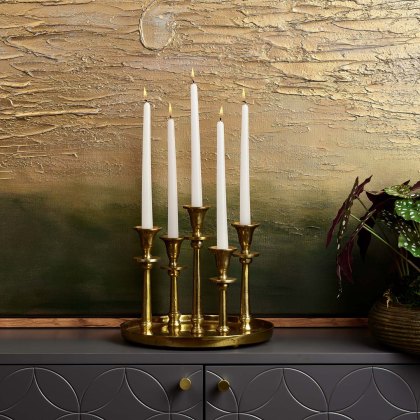 Round Candle Holder Tray with Five Candle Holders in Gold Round Candle Holder Tray with Five Candle Holders in Gold