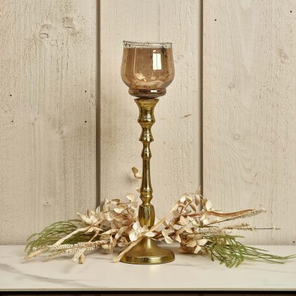 Heptagon Candle Stick in Gold with Removable Chimney Bell Tealight Holder in Brown 29cm Heptagon Candle Stick in Gold with Removable Chimney Bell Tealight Holder in Brown 29cm