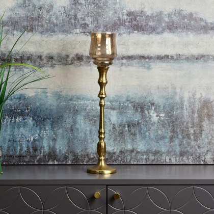 Heptagon Candle Stick in Gold with Removable Chimney Bell Tealight Holder in Brown 37.5cm Heptagon Candle Stick in Gold with Removable Chimney Bell Tealight Holder in Brown 37.5cm