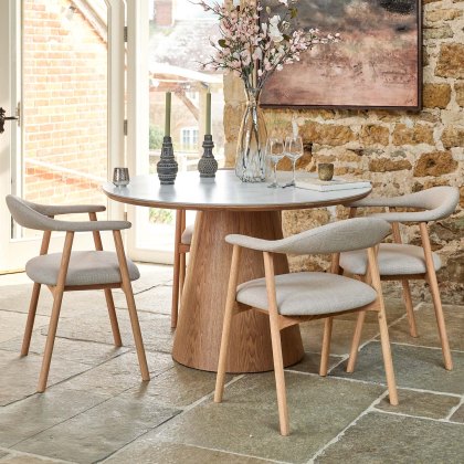 Sutton 120cm Round Dining Table - Ash with 4x Albi Chairs in Beige with Oiled Legs