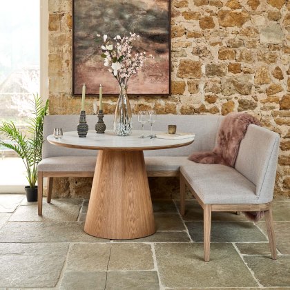 Sutton 120cm Round Dining Table - Ash with Hampton Corner Bench in Grey LHF