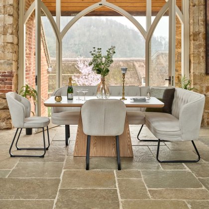 Sutton 160cm Dining Table - Ash with Frampton Corner Bench LHF & 2x Frampton Chairs in White Sutton 160cm Dining Table - Ash with Frampton Corner Bench LHF & 2x Frampton Chairs in White