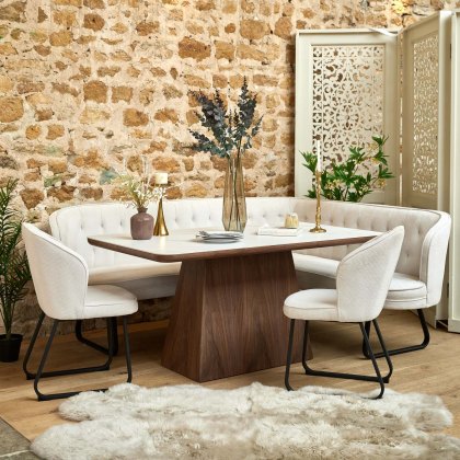 Sutton 160cm Dining Table - Walnut with Frampton Corner Bench LHF & 2x Frampton Chairs in White Sutton 160cm Dining Table - Walnut with Frampton Corner Bench LHF & 2x Frampton Chairs in White