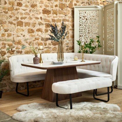 Sutton 160cm Dining Table - Walnut with Frampton Corner Bench LHF & Flat Bench in White Sutton 160cm Dining Table - Walnut with Frampton Corner Bench LHF & Flat Bench in White