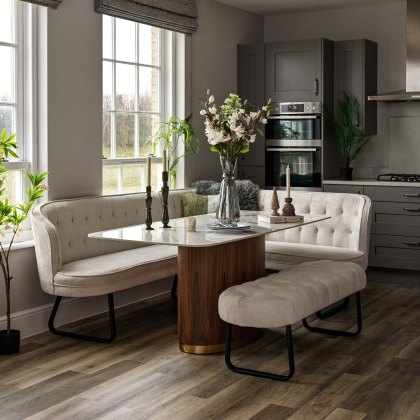 West Bay Dining Table 180cm with Frampton Corner Bench LHF and Low Bench in White West Bay Dining Table 180cm with Frampton Corner Bench LHF and Low Bench in White