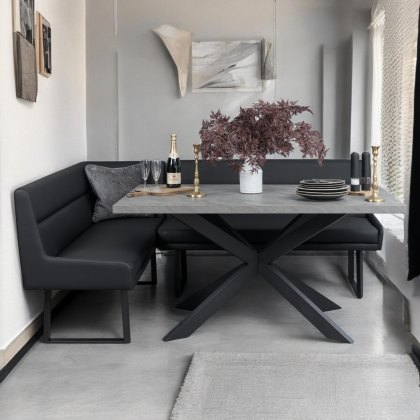 Jupiter 180cm - Faux Concrete - Dining Table & RHF Corner Bench in Black Jupiter 180cm - Faux Concrete - Dining Table & RHF Corner Bench in Black