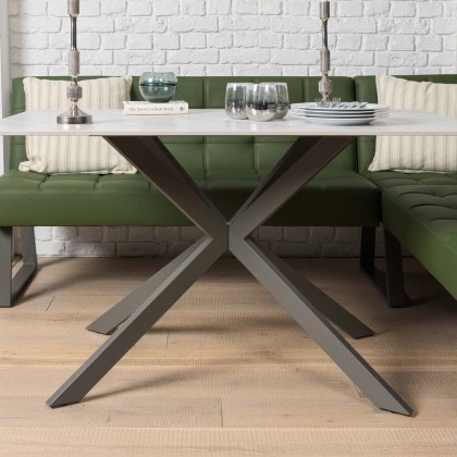 Saturn 135cm Dining Table White & Rubix Corner Bench in Olive Green Saturn 135cm Dining Table White & Rubix Corner Bench in Olive Green