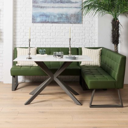 Saturn 135cm Dining Table White & Rubix Corner Bench in Olive Green Saturn 135cm Dining Table White & Rubix Corner Bench in Olive Green