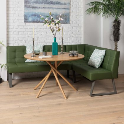 Saturn 120cm Round Dining Table & Rubix Corner Bench in Olive Green Saturn 120cm Round Dining Table & Rubix Corner Bench in Olive Green
