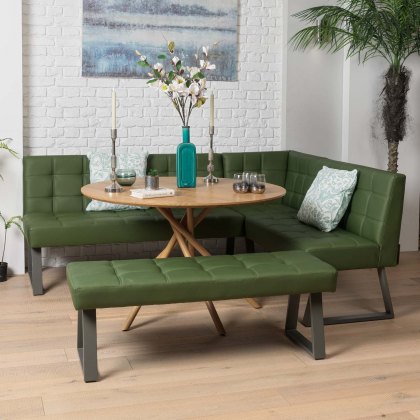 Saturn 120cm Round Dining Table & Rubix Corner Bench With Low Bench in Olive Green Saturn 120cm Round Dining Table & Rubix Corner Bench With Low Bench in Olive Green