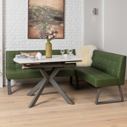 Saturn 130-190cm Motion Table White & Rubix Corner Bench in Olive Green Saturn 130-190cm Motion Table White & Rubix Corner Bench in Olive Green