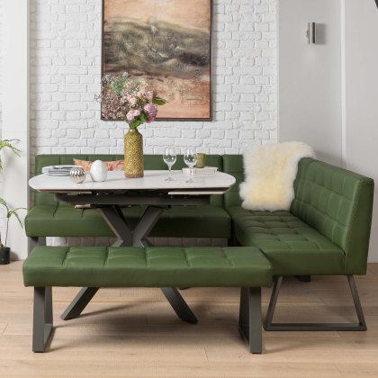 Saturn 130-190cm Motion Table White & Rubix Corner Bench With Low Bench in Olive Green Saturn 130-190cm Motion Table White & Rubix Corner Bench With Low Bench in Olive Green