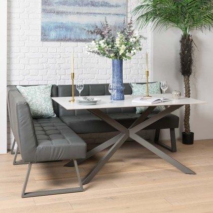 Saturn 150cm Dining Table White & Rubix Corner Bench in Grey Saturn 150cm Dining Table White & Rubix Corner Bench in Grey