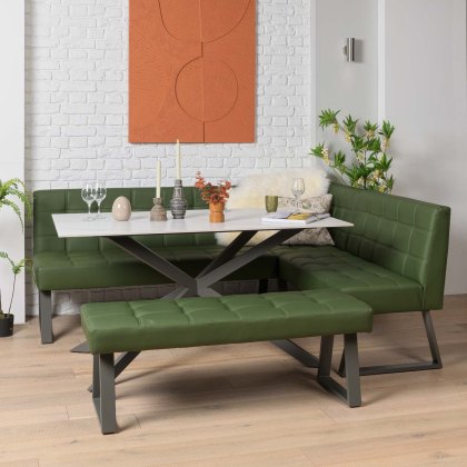 Saturn 150cm Dining Table White & Rubix Corner Bench With Low Bench in Olive Green Saturn 150cm Dining Table White & Rubix Corner Bench With Low Bench in Olive Green