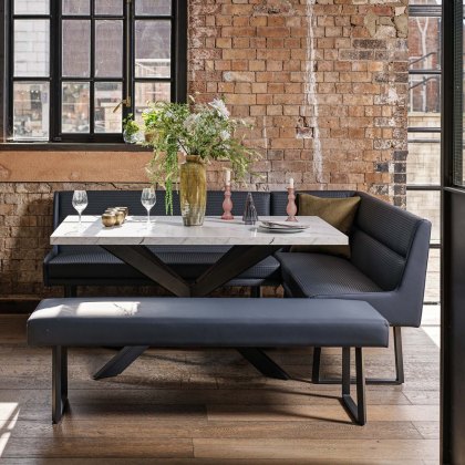 Jupiter Dining Set - Marble Effect - With LHF Corner Bench & Low Bench in Blue Jupiter Dining Set - Marble Effect - With LHF Corner Bench & Low Bench in Blue