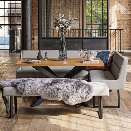 Jupiter Dining Set - Smoked Oak - With LHF Corner Bench & Low Bench in Light Grey Jupiter Dining Set - Smoked Oak - With LHF Corner Bench & Low Bench in Light Grey
