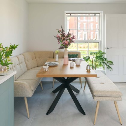 Jupiter 150cm Dining Table - Smoked Oak - With Sloane Corner & Low Bench Jupiter 150cm Dining Table - Smoked Oak - With Sloane Corner & Low Bench