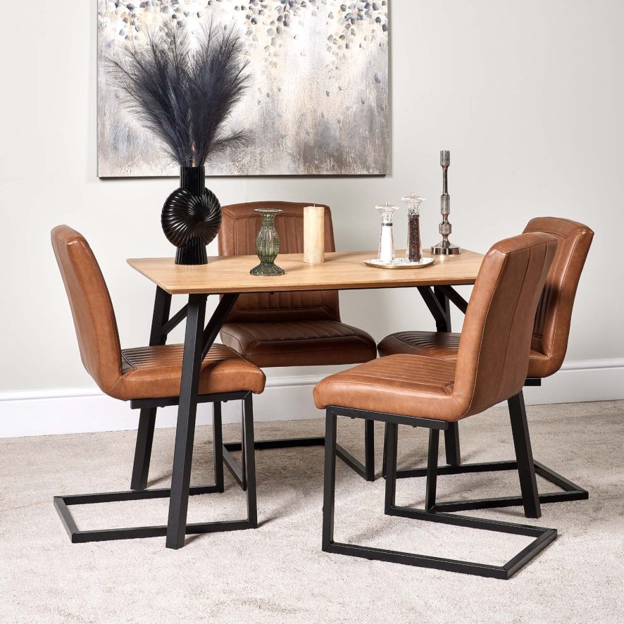 Lutina 120cm Dining Table And 4 Vintage Dining Chairs Tan