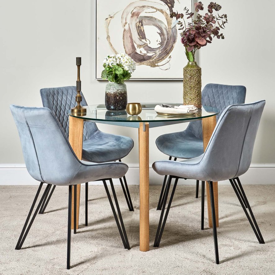 Lutina 100cm Glass Dining Table And 4 Chase Dining Chairs Light Blue