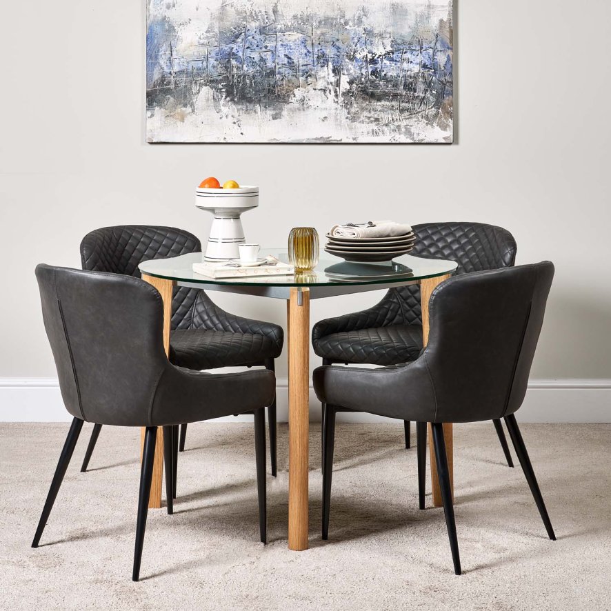Lutina 100cm Glass Dining Table And 4 Carlton Dining Chairs Grey