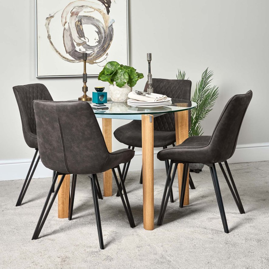 Lutina 100cm Glass Dining Table And 4 Finnick Dining Chairs Dark Grey