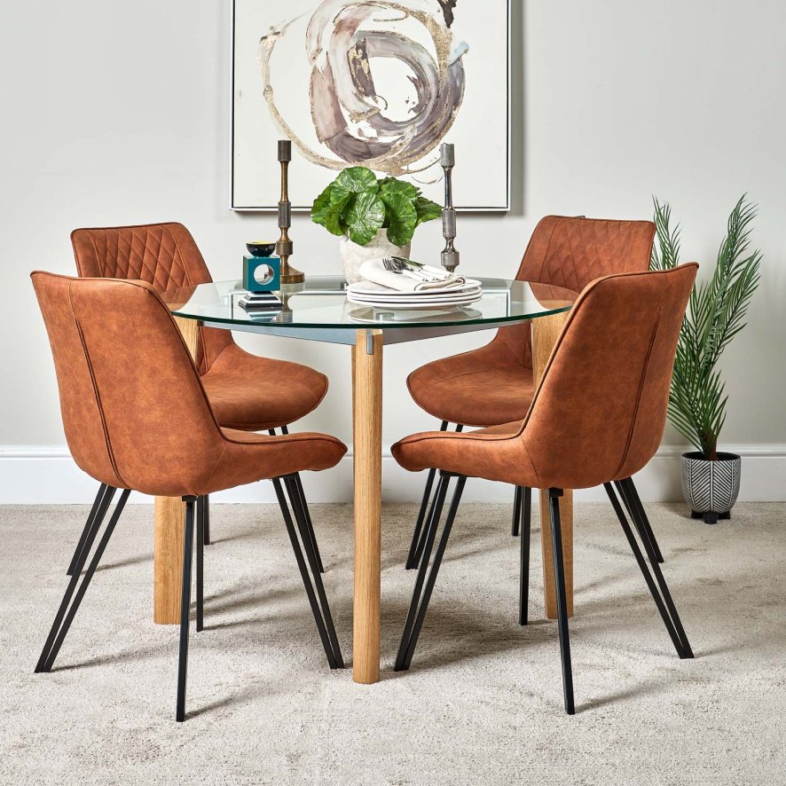 Lutina 100cm Glass Dining Table And 4 Finnick Dining Chairs Tan