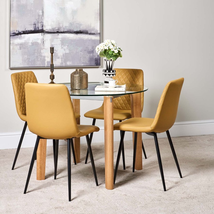 Lutina 100cm Glass Dining Table And 4 Ripley Dining Chairs Mustard