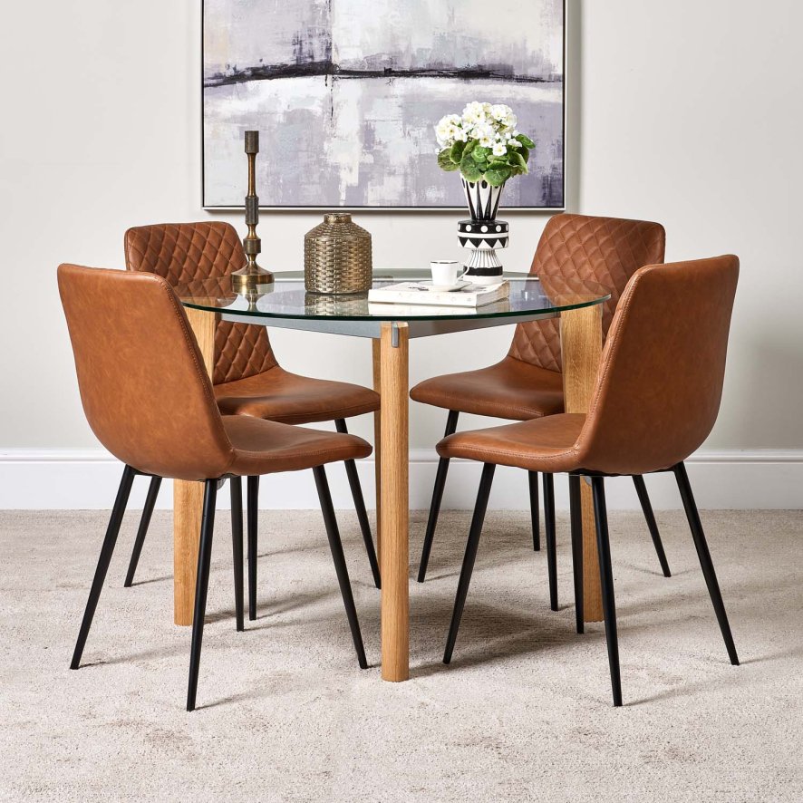 Lutina 100cm Glass Dining Table And 4 Ripley Dining Chairs Tan