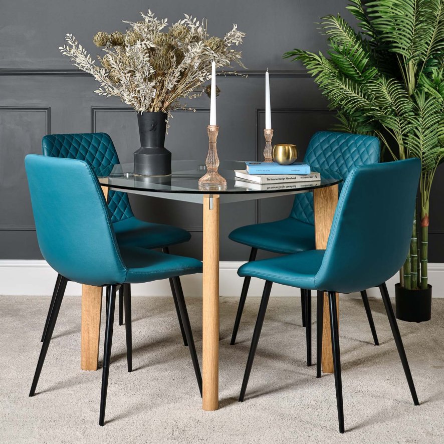 Lutina 100cm Glass Dining Table And 4 Ripley Dining Chairs Teal