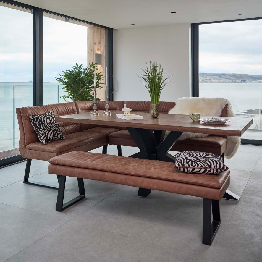 Soho Dining Table 200cm With Industrial Corner Bench And Industrial Low Bench Tan