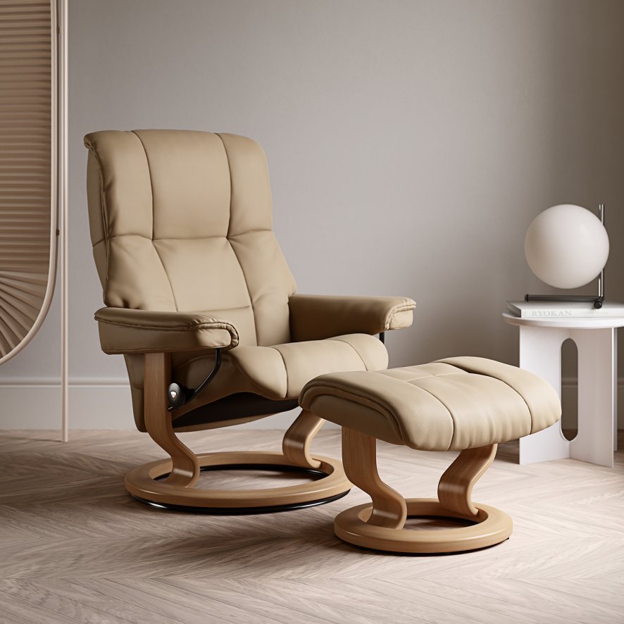 Mayfair Medium Chair And Footstool With Classic Oak Base In Paloma Sand