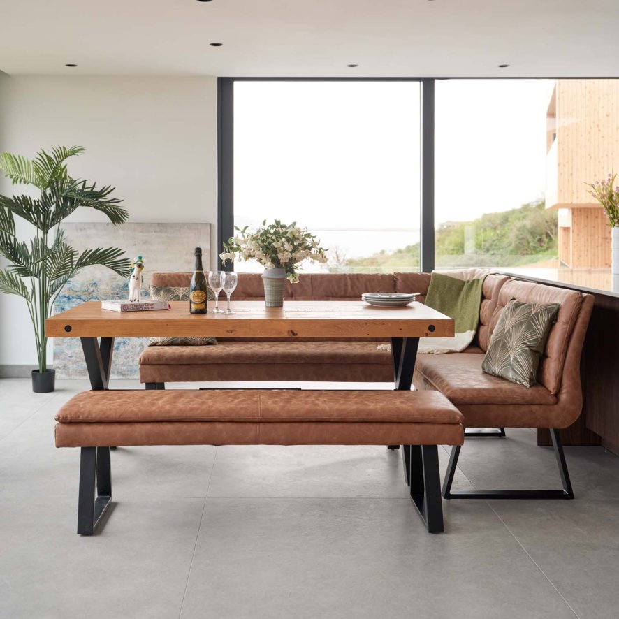 Urban 180cm Dining Table With Industrial Corner Bench And Low Bench In Tan