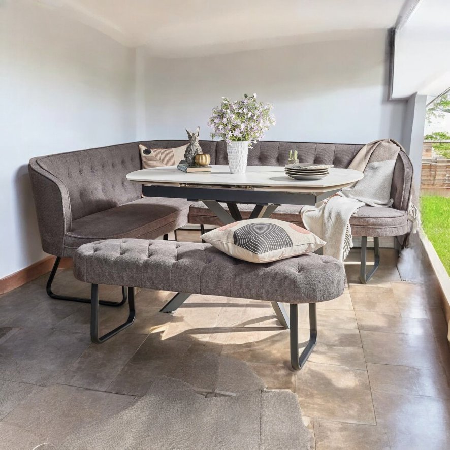 Toscana White Motion Dining Table With Frampton Corner And Low Bench In Anthracite Right Hand Facing