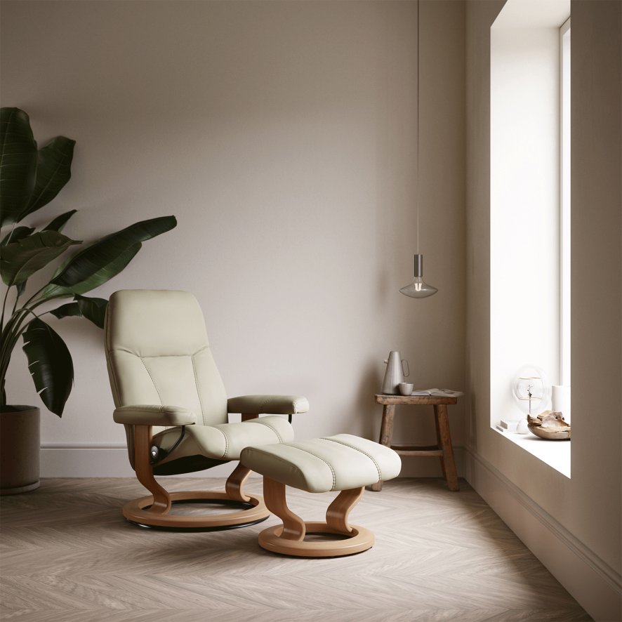 Stressless Quickship Large Consul Chair and Footstool with Classic Base in Batick Cream with Oak Wood