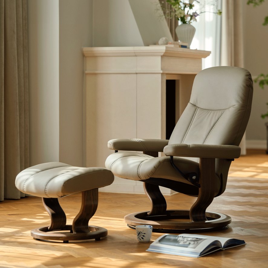 Stressless Consul Recliner & Footstool with Classic Base in Batick Mole with Walnut Wood