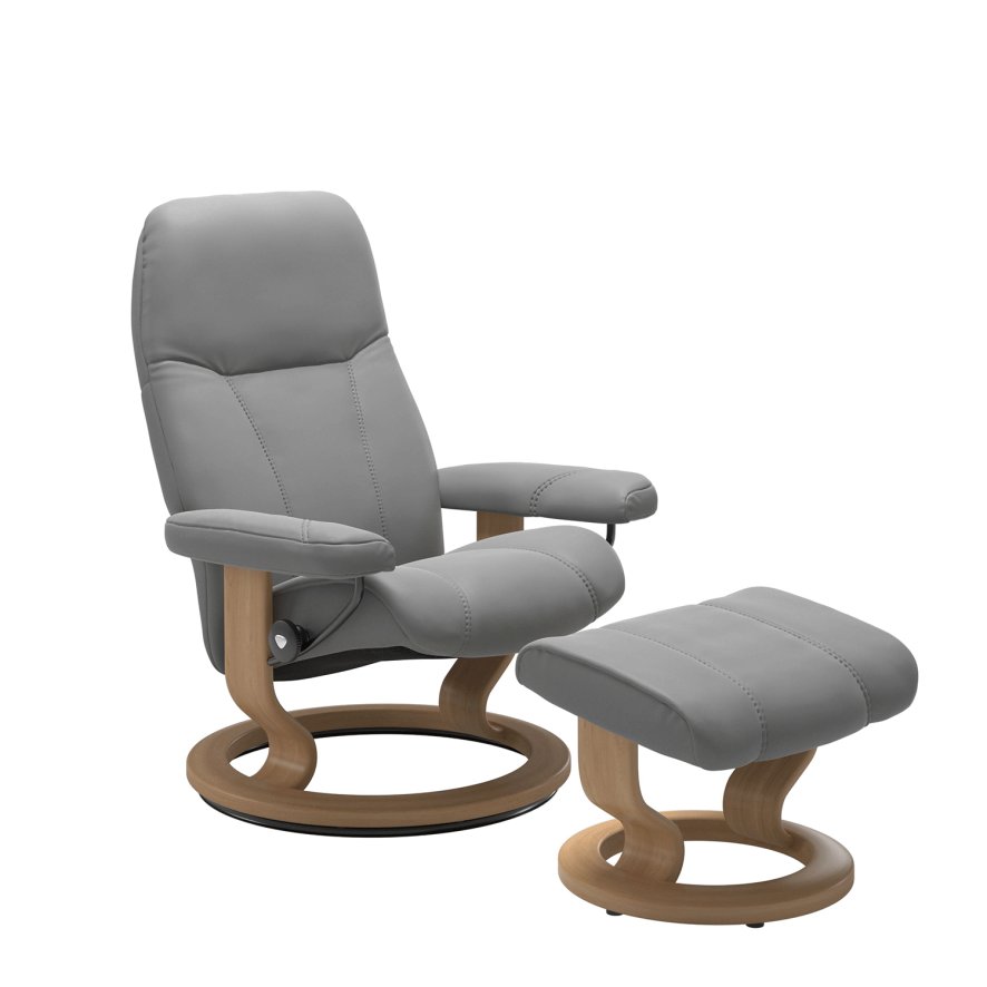 Stressless Consul Recliner & Footstool with Classic Base in Batick Wild Dove with Oak Wood